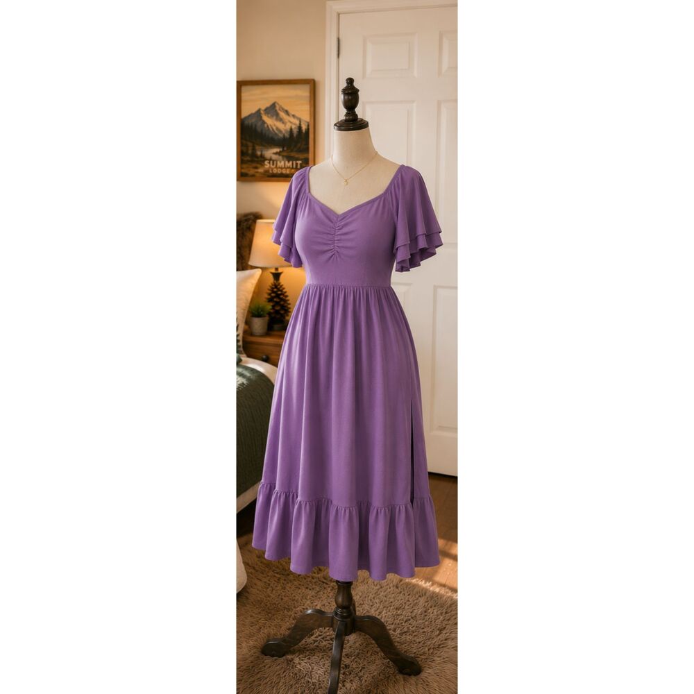 SCOMCHIC 3XL Lilac Flutter Sleeve Maxi Dress Plus Size Sweetheart Neck